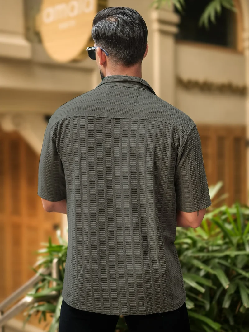 Maniac  Maniac Mens Solid Textured Collared Neck Half Sleeve Dark Grey Cotton Shirt for Men | Best Price UAE